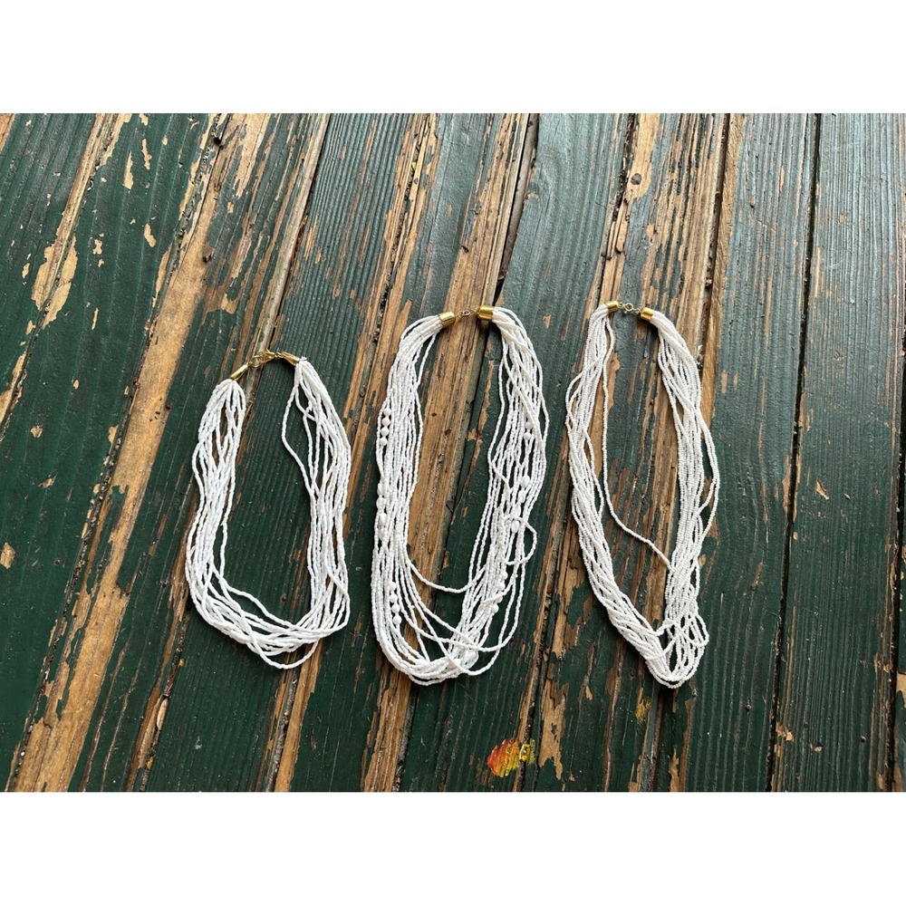 Vintage White Multi Strand Seed Bead Necklace Set of 3 Gold‎ Tone Clasp Coastal